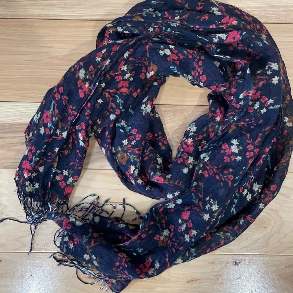 Navy Blue pashmina style scarf with red, cream and light blue flowers